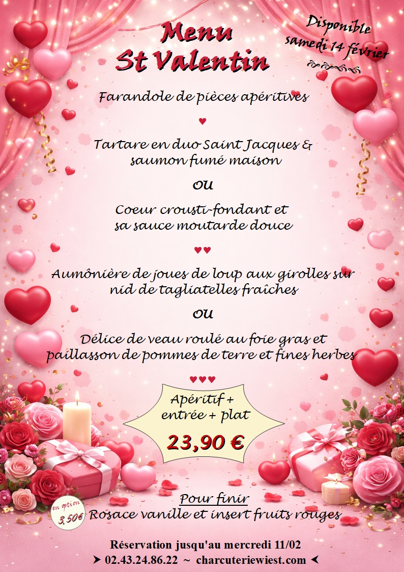 Menu spécialement conçu pour un repas en tête à tête pour la St Valentin