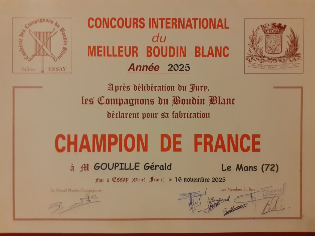 diplôme du titre de champion de France 2025 au concours du meilleur boudin blanc à Essay