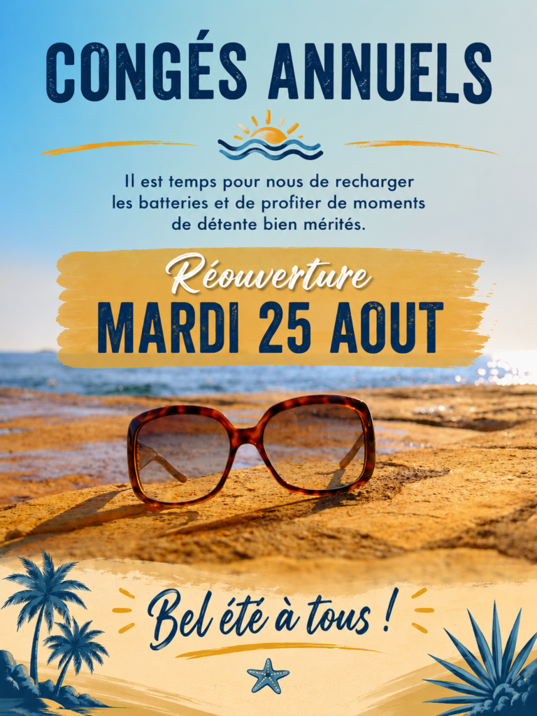 Congés annuels. De retour mardi 25 Août à 9h00
